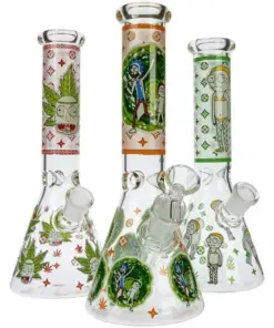 HILLSIDE GLASS 10″ GLOW RICK AND MORTY GRAPHIC BEAKER BONG, ASSORTED GRAPHICS